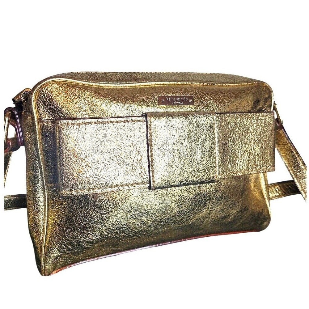 Kate Spade Crossbody Bag Small Gold Metallic Bow Detail‎ Polka Dot Lining Glam